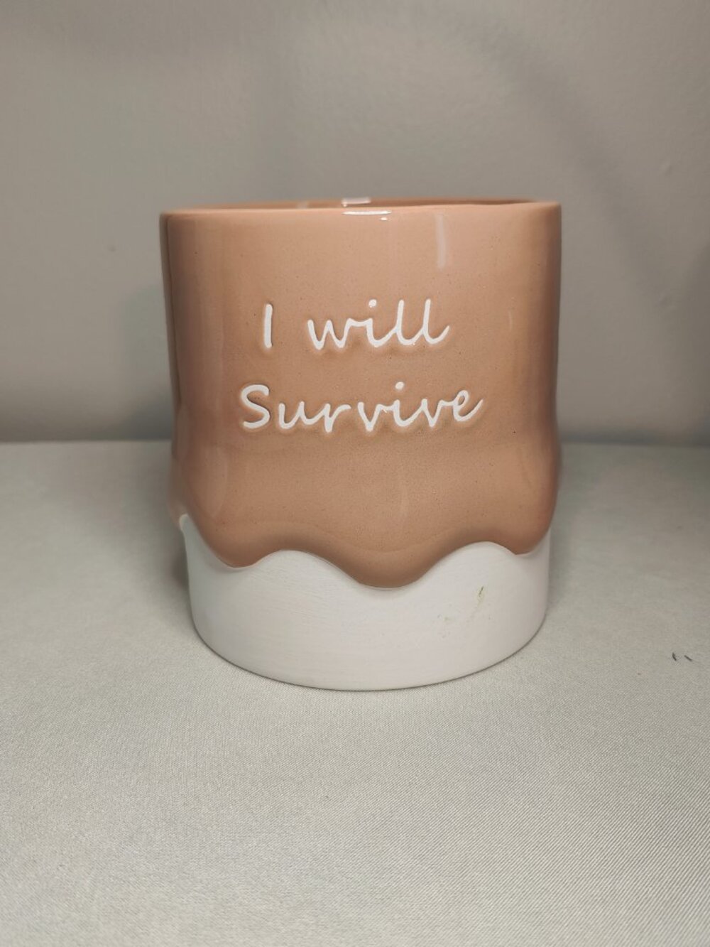 Beige and White Ceramic Accent Vase - "I Will Survive"
